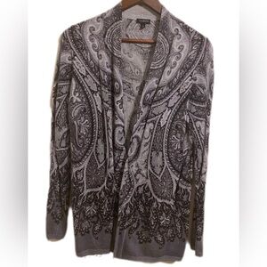Talbots Gray & Black Paisley Lambswool Blend Open Front Cardigan Sweater Size M